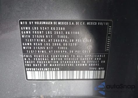 2018 Volkswagen Tiguan 2.0T Se/2.0T Sel from USA, damaged, VIN 3VV3B7AXXJM213579